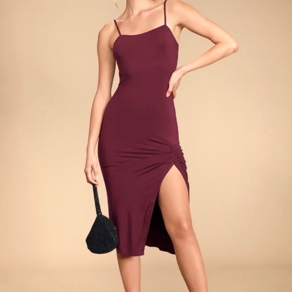 Lulus Everything To Me Event Dress NEW Womens Small Burgundy Ruched Slit Midi - Picture 1 of 14